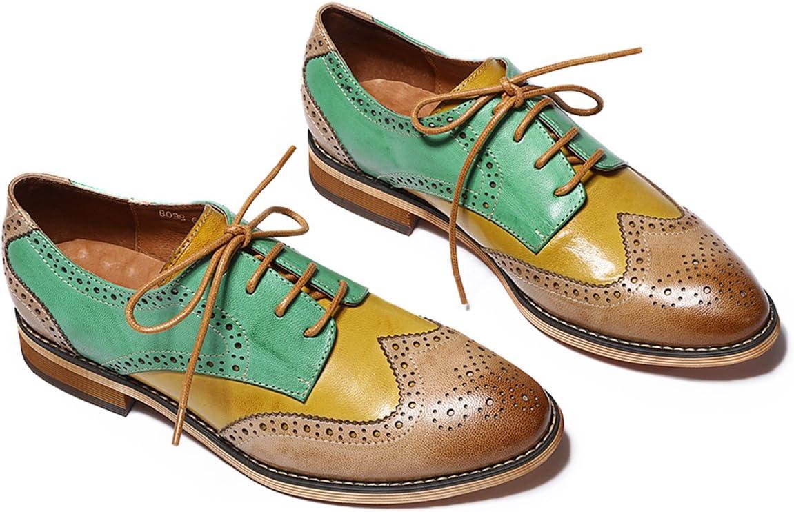 imageMona flying Womens Comfortable Multicolored Wingtip Oxfords Brogue Laceup Leather Shoes for Womens LadiesBrownyellowgreen