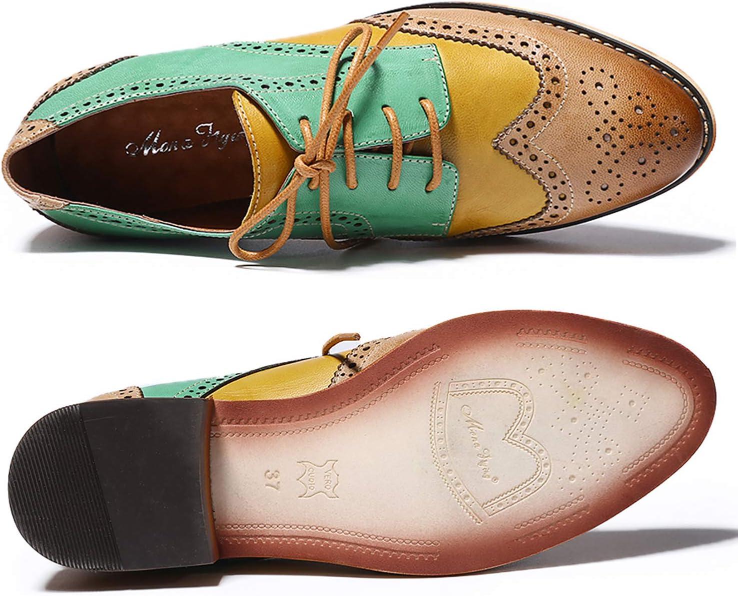 imageMona flying Womens Comfortable Multicolored Wingtip Oxfords Brogue Laceup Leather Shoes for Womens LadiesBrownyellowgreen