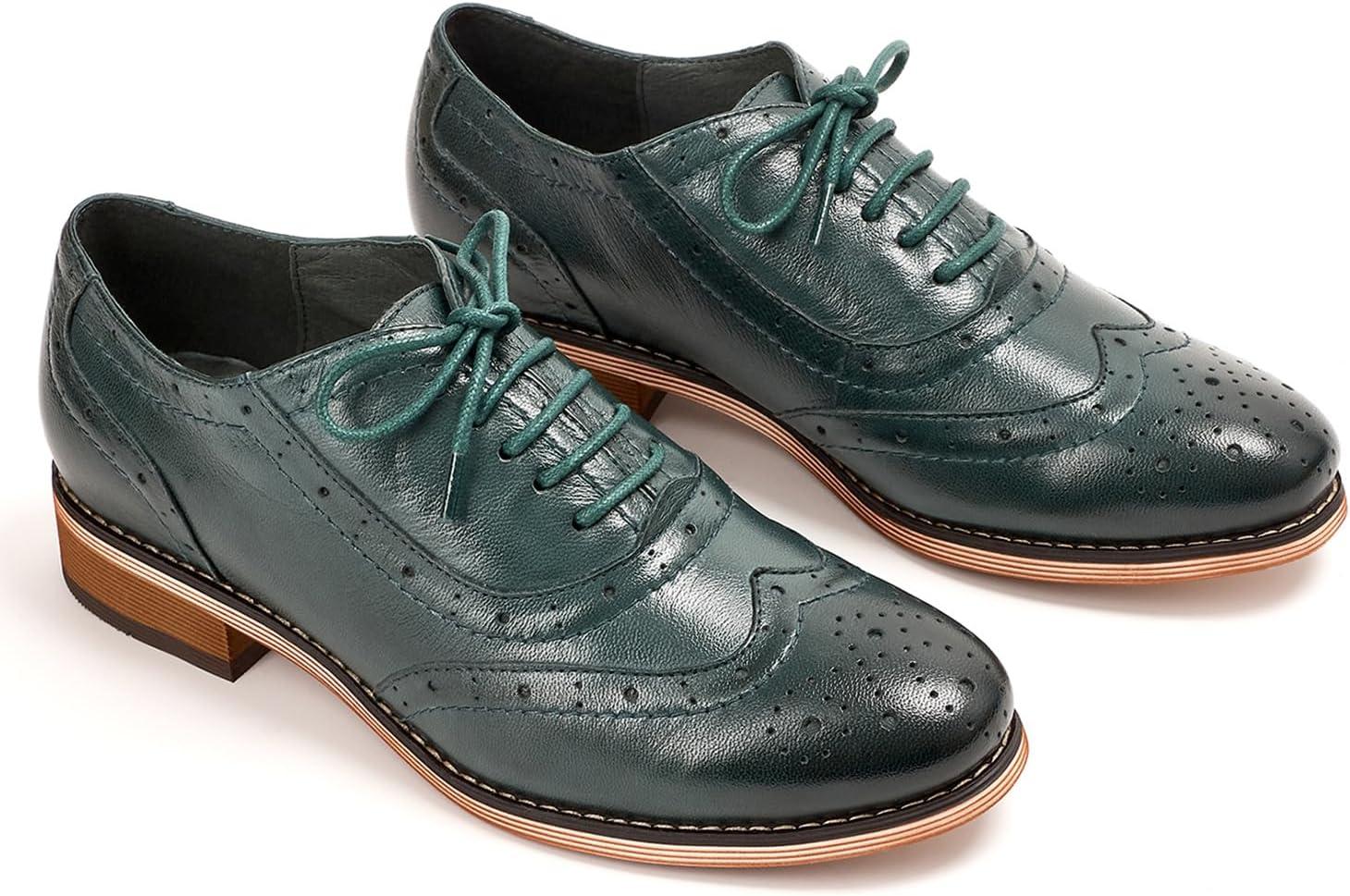 imageMona flying Womens Leather Flat Oxfords Shoes for Women Perforated Laceup Wingtip Vintage Brogues ShoesBlackish Green
