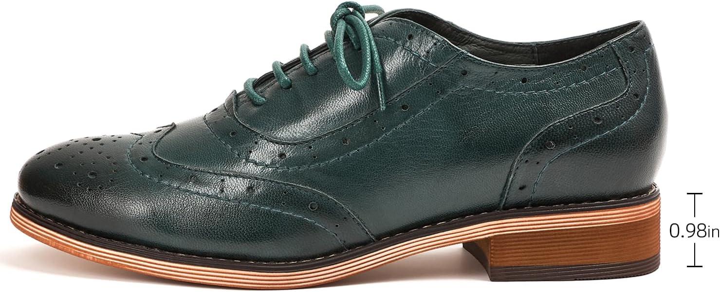 imageMona flying Womens Leather Flat Oxfords Shoes for Women Perforated Laceup Wingtip Vintage Brogues ShoesBlackish Green