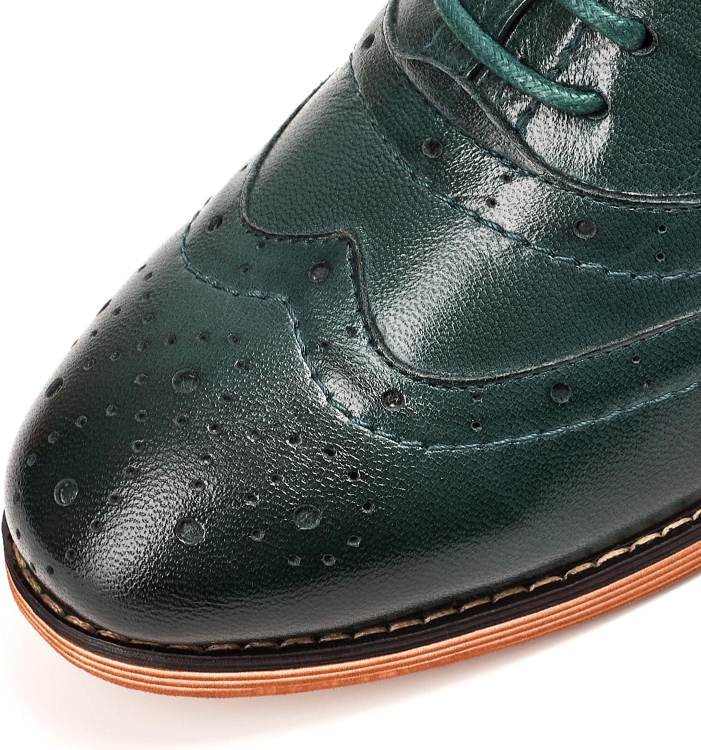 imageMona flying Womens Leather Flat Oxfords Shoes for Women Perforated Laceup Wingtip Vintage Brogues ShoesBlackish Green