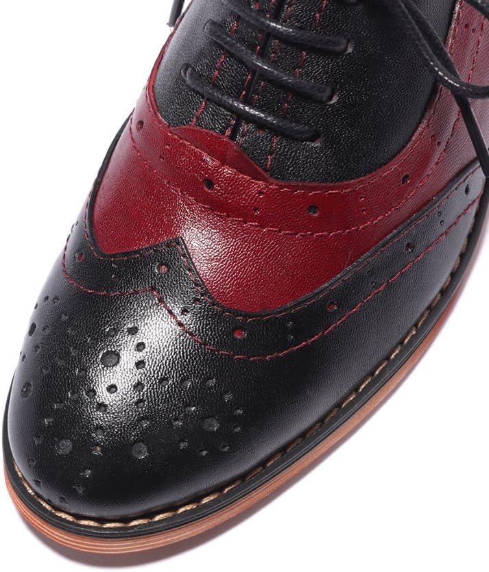 imageMona flying Womens Leather Flat Oxfords Shoes for Women Perforated Laceup Wingtip Vintage Brogues ShoesBlackred