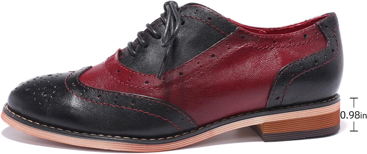 imageMona flying Womens Leather Flat Oxfords Shoes for Women Perforated Laceup Wingtip Vintage Brogues ShoesBlackred