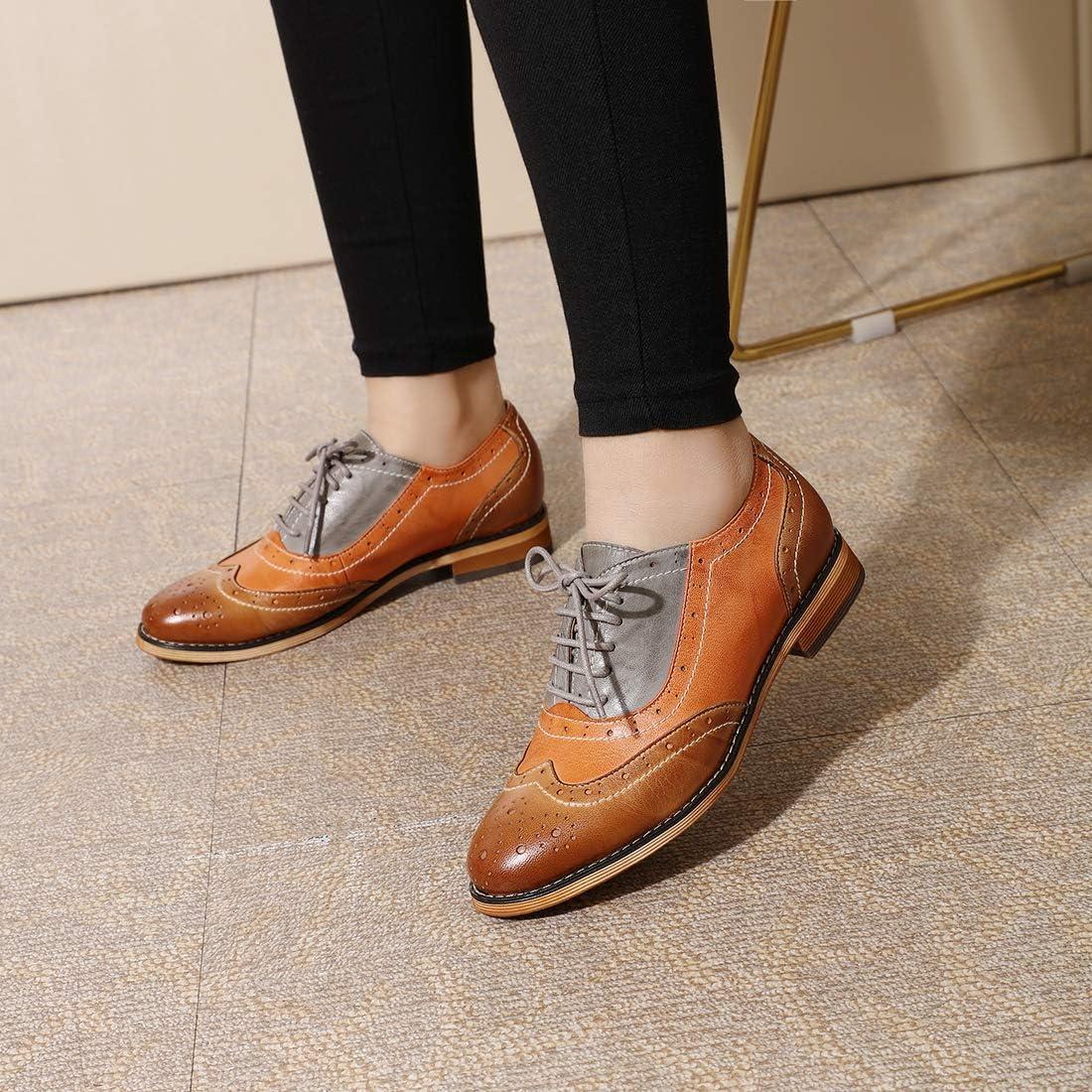 imageMona flying Womens Leather Flat Oxfords Shoes for Women Perforated Laceup Wingtip Vintage Brogues ShoesBrownpumpkingrey