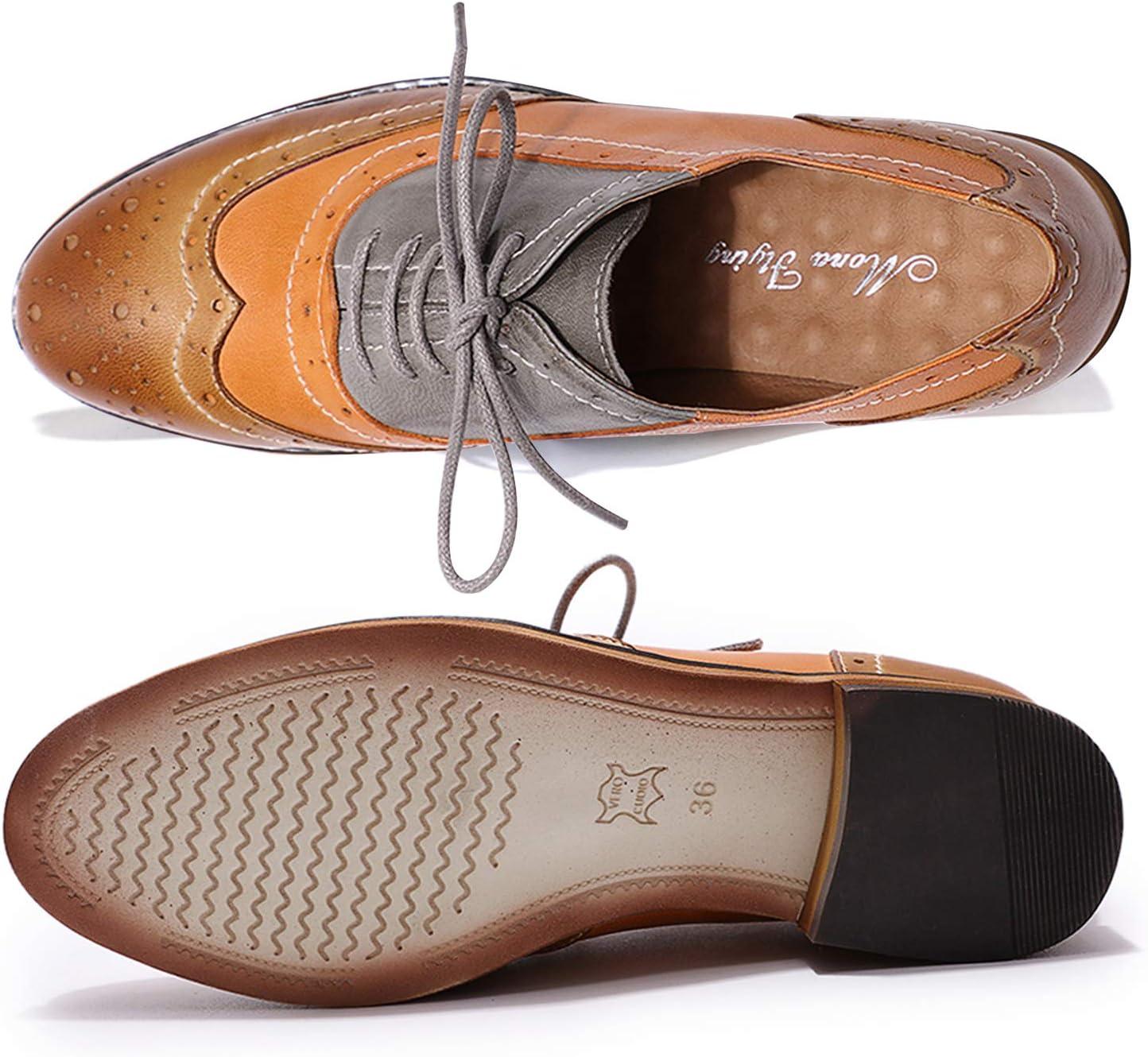 imageMona flying Womens Leather Flat Oxfords Shoes for Women Perforated Laceup Wingtip Vintage Brogues ShoesBrownpumpkingrey