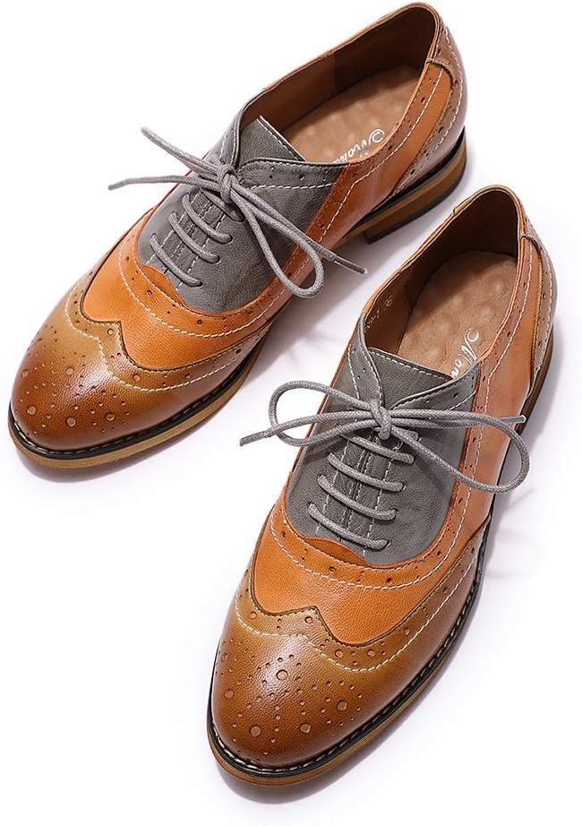 imageMona flying Womens Leather Flat Oxfords Shoes for Women Perforated Laceup Wingtip Vintage Brogues ShoesBrownpumpkingrey