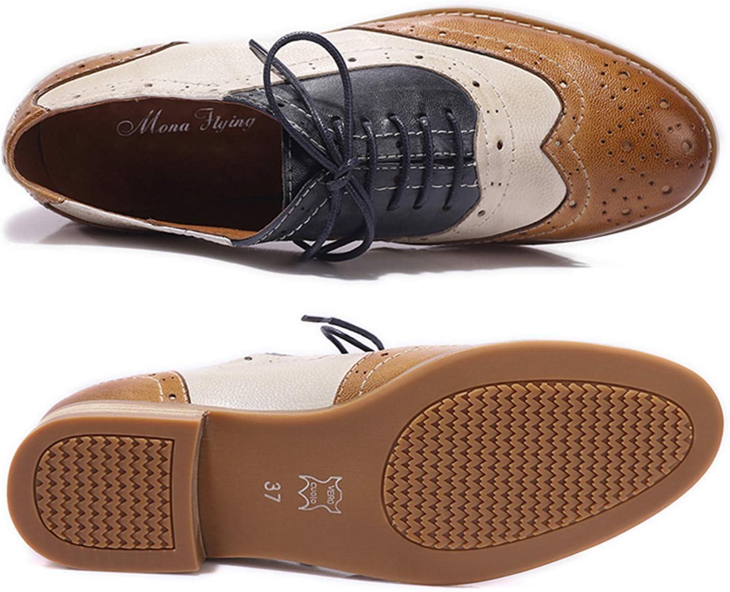imageMona flying Womens Leather Flat Oxfords Shoes for Women Perforated Laceup Wingtip Vintage Brogues ShoesBrownwhiteblue