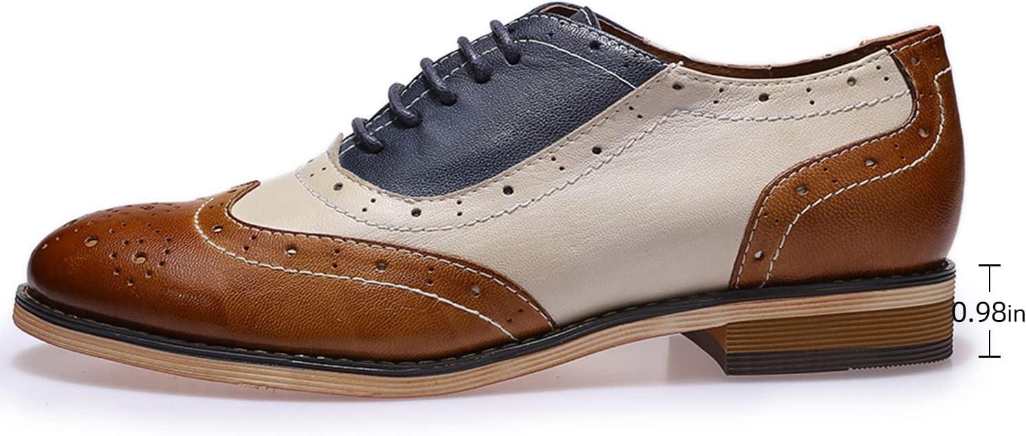 imageMona flying Womens Leather Flat Oxfords Shoes for Women Perforated Laceup Wingtip Vintage Brogues ShoesBrownwhiteblue