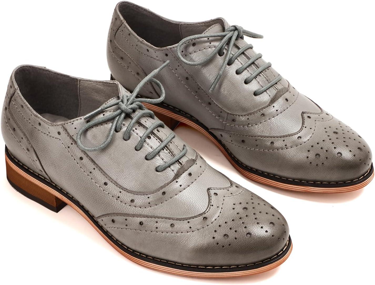 imageMona flying Womens Leather Flat Oxfords Shoes for Women Perforated Laceup Wingtip Vintage Brogues ShoesGrey