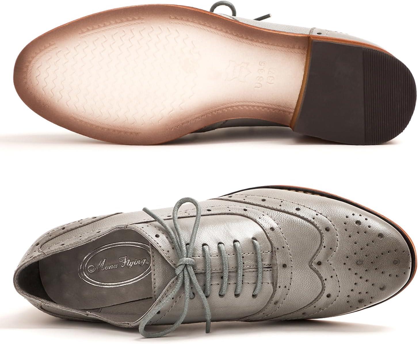 imageMona flying Womens Leather Flat Oxfords Shoes for Women Perforated Laceup Wingtip Vintage Brogues ShoesGrey