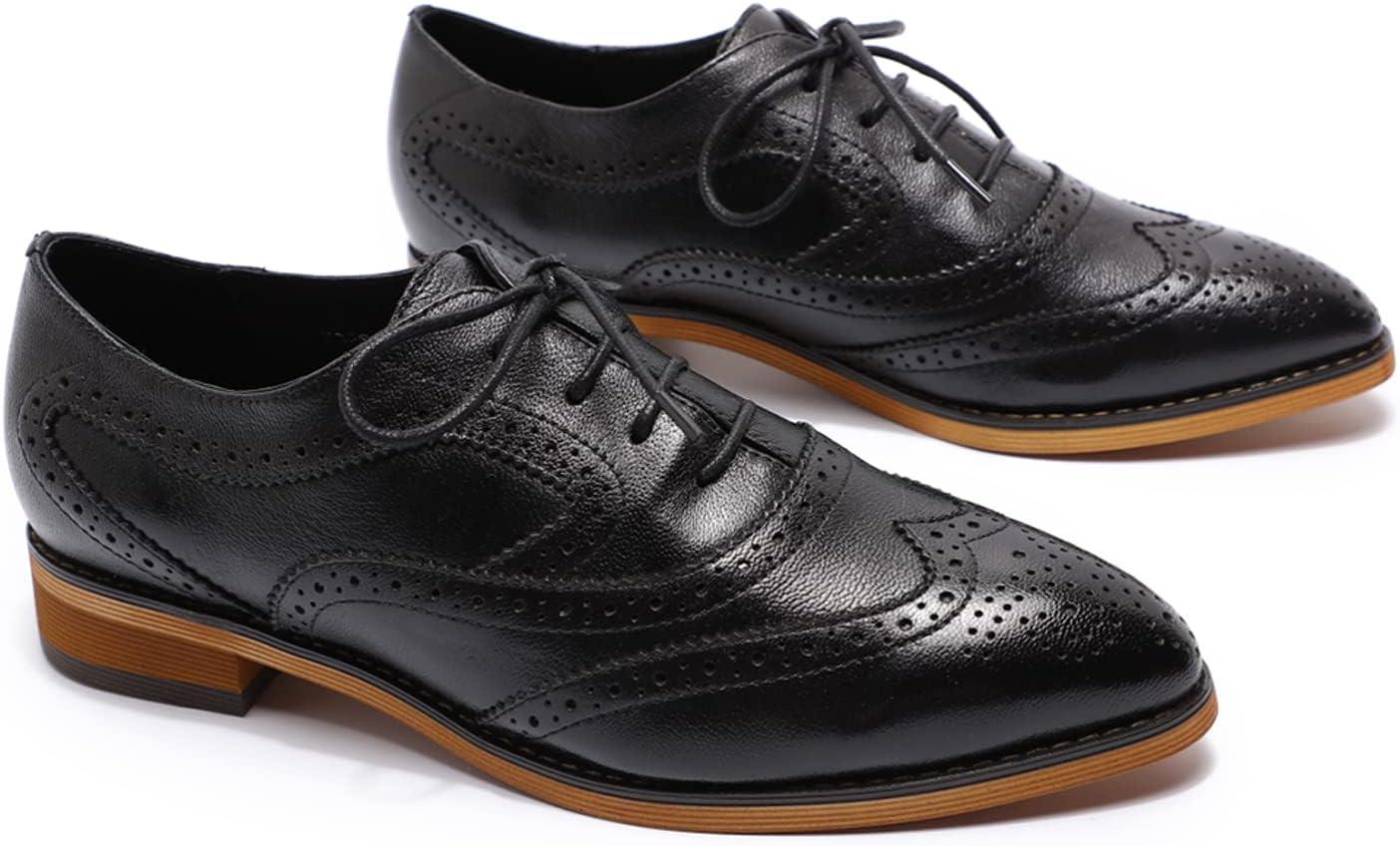 imageMona flying Womens Perforated Oxfords Wingtip Brogue Lace up Leather Flat Office Work Shoes for LadiesBlack