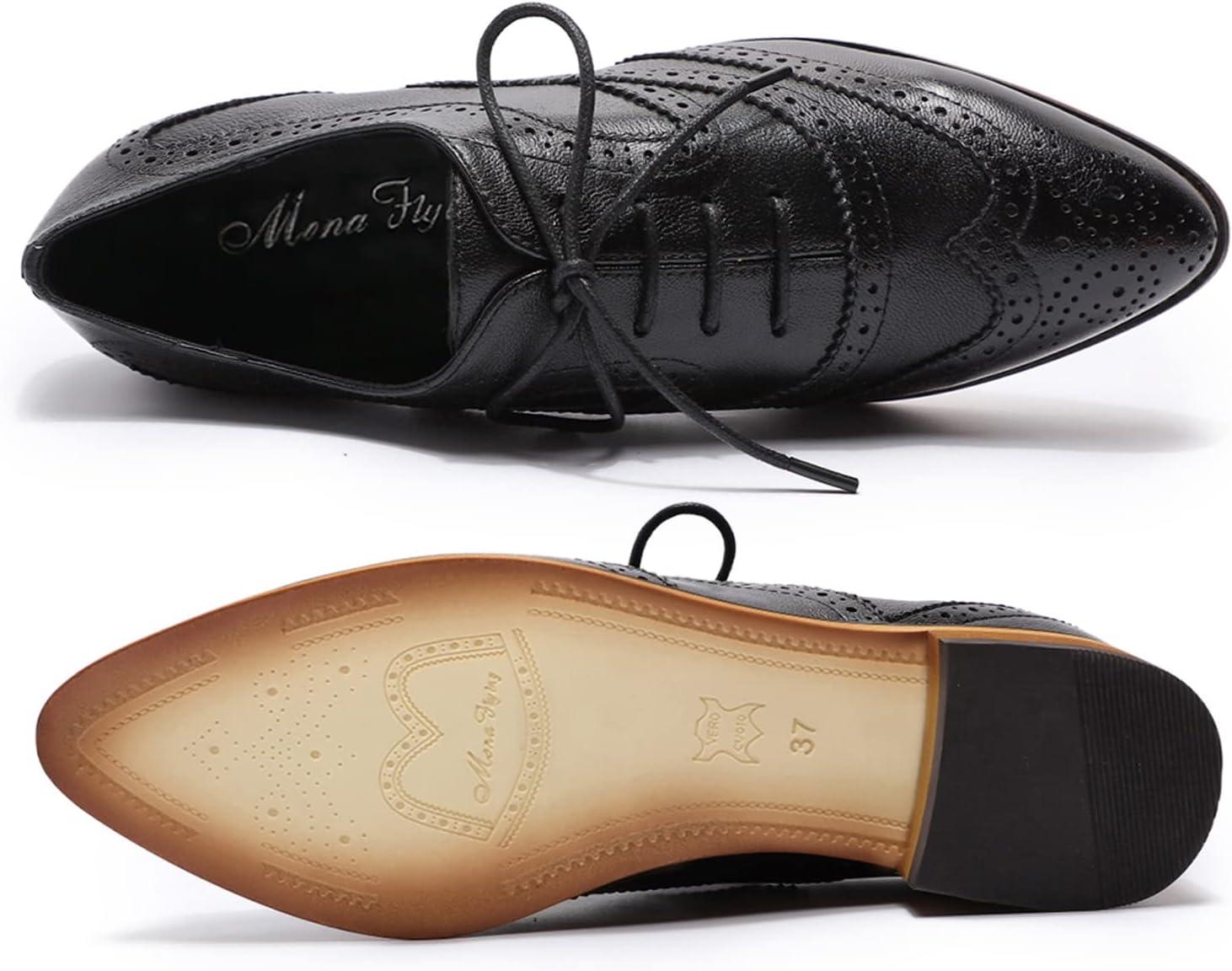 imageMona flying Womens Perforated Oxfords Wingtip Brogue Lace up Leather Flat Office Work Shoes for LadiesBlack