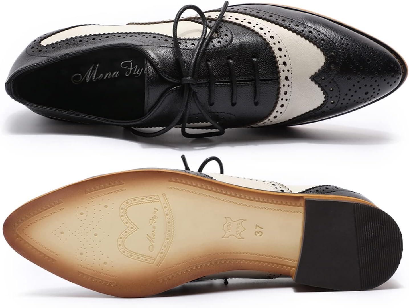 imageMona flying Womens Perforated Oxfords Wingtip Brogue Lace up Leather Flat Office Work Shoes for LadiesBlack Offwhite