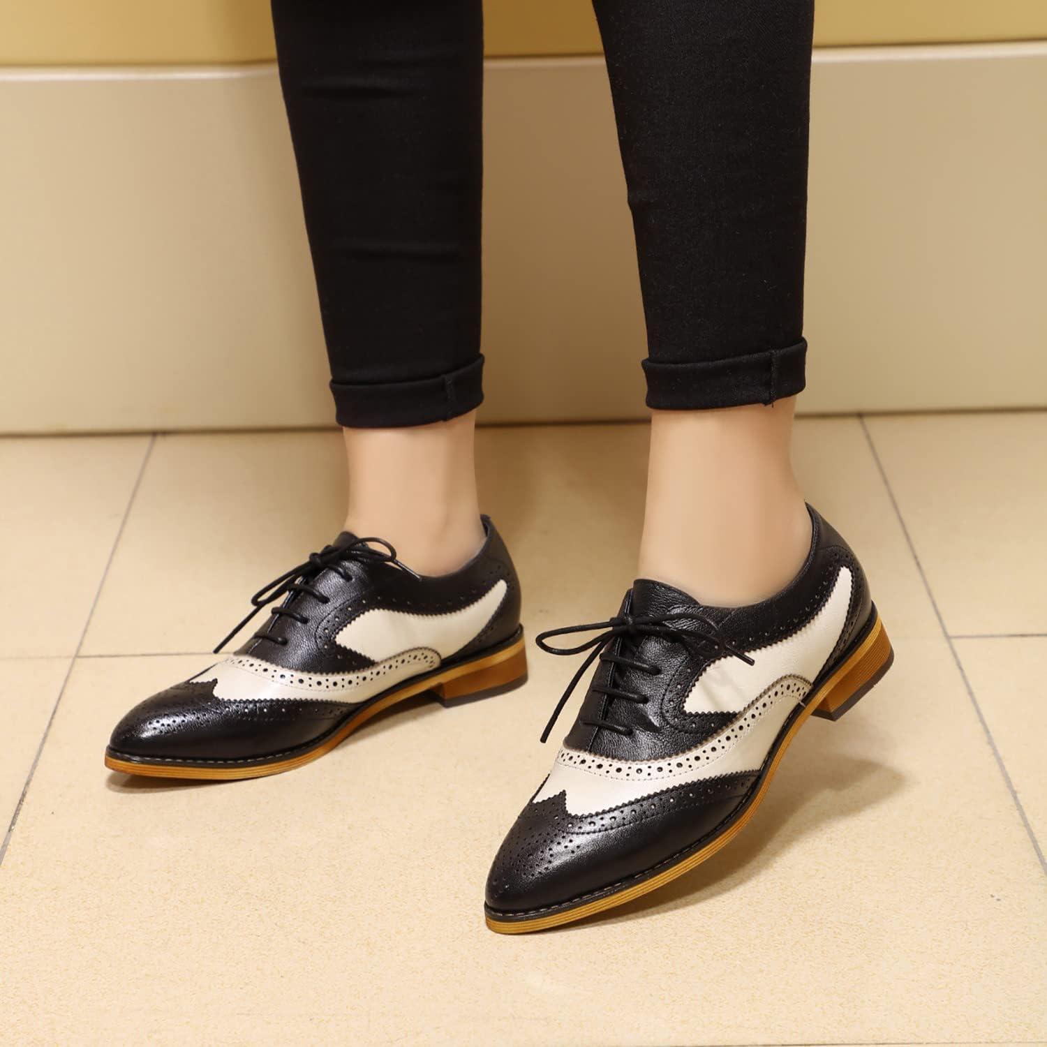 imageMona flying Womens Perforated Oxfords Wingtip Brogue Lace up Leather Flat Office Work Shoes for LadiesBlack Offwhite