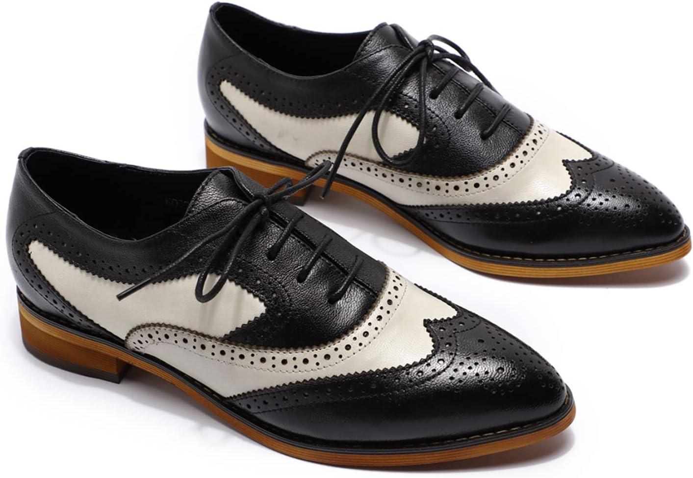 imageMona flying Womens Perforated Oxfords Wingtip Brogue Lace up Leather Flat Office Work Shoes for LadiesBlack Offwhite