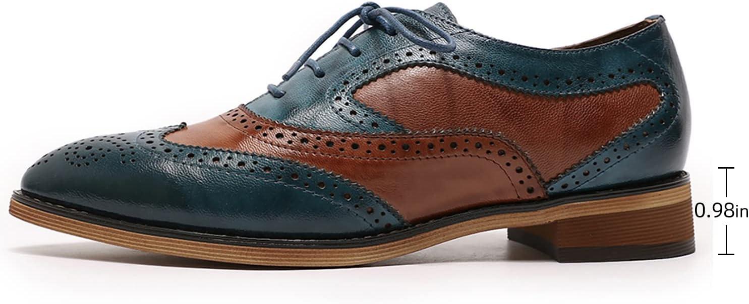 imageMona flying Womens Perforated Oxfords Wingtip Brogue Lace up Leather Flat Office Work Shoes for LadiesBlue Brown