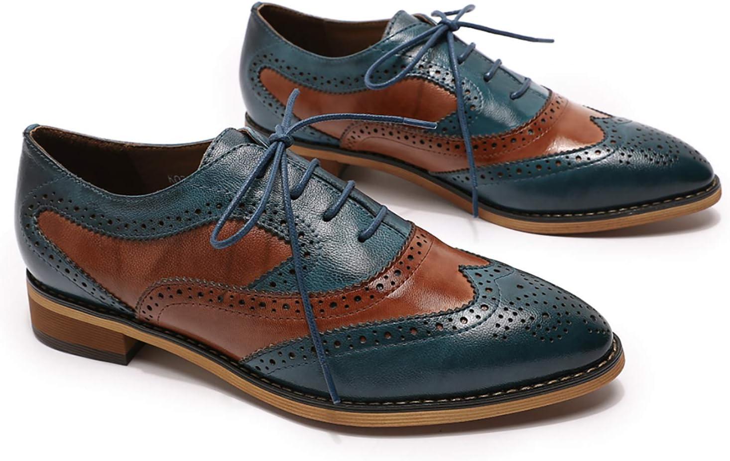 imageMona flying Womens Perforated Oxfords Wingtip Brogue Lace up Leather Flat Office Work Shoes for LadiesBlue Brown