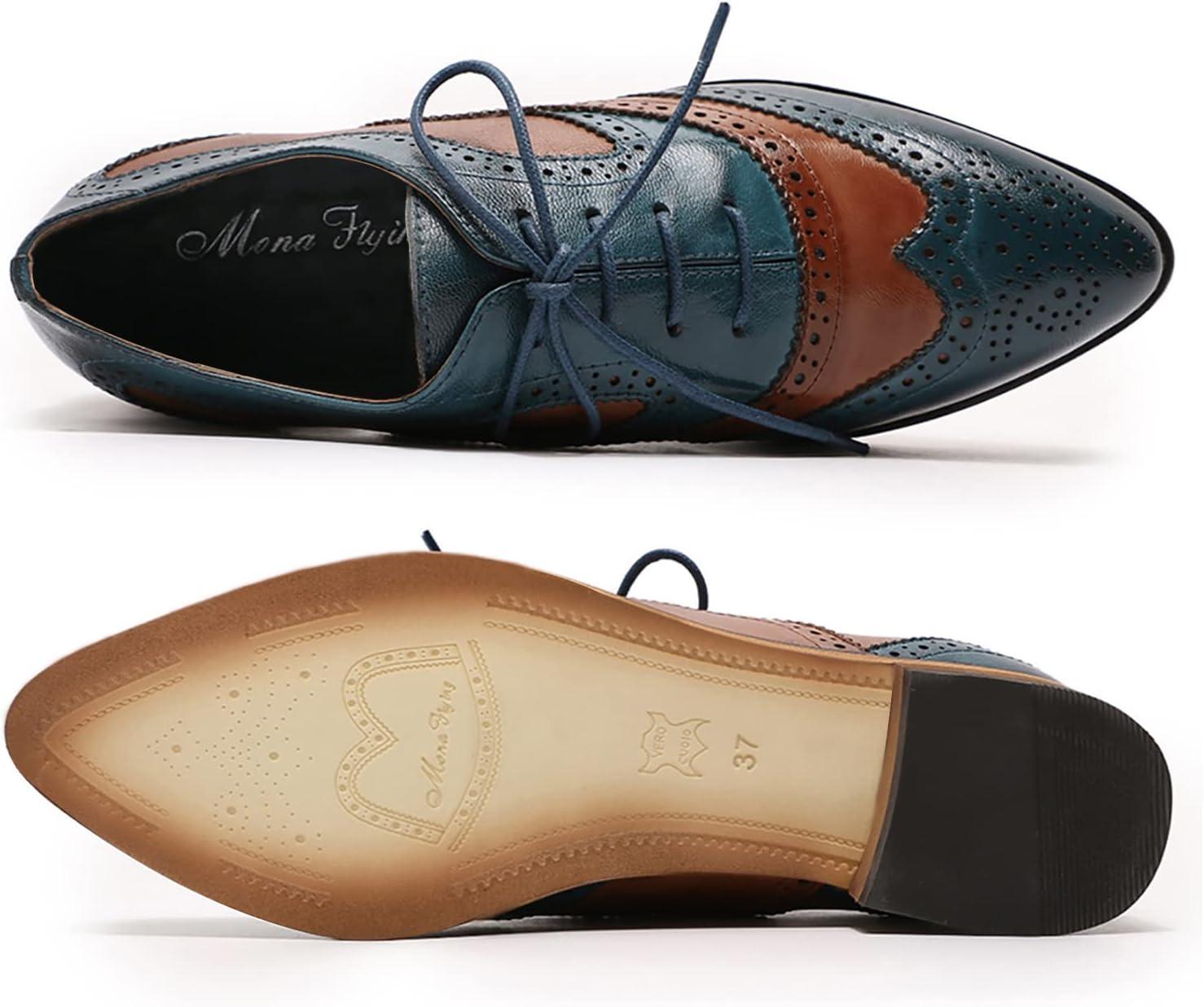 imageMona flying Womens Perforated Oxfords Wingtip Brogue Lace up Leather Flat Office Work Shoes for LadiesBlue Brown