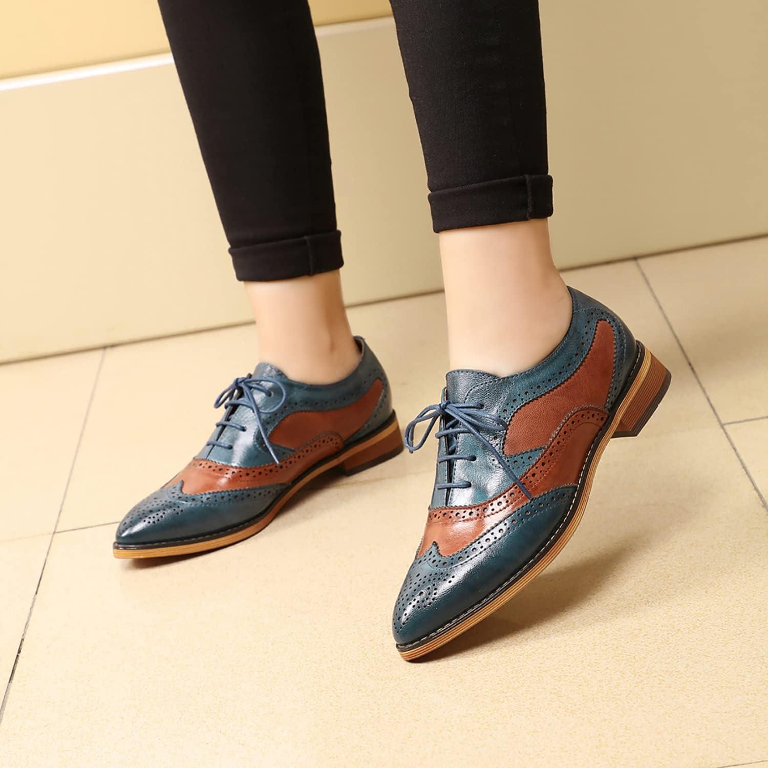 imageMona flying Womens Perforated Oxfords Wingtip Brogue Lace up Leather Flat Office Work Shoes for LadiesBlue Brown
