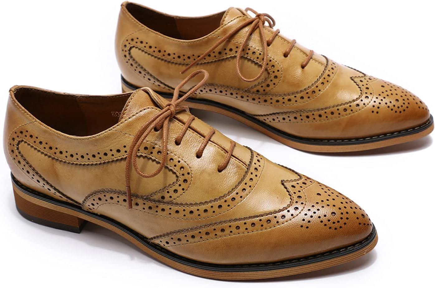 imageMona flying Womens Perforated Oxfords Wingtip Brogue Lace up Leather Flat Office Work Shoes for LadiesBrown