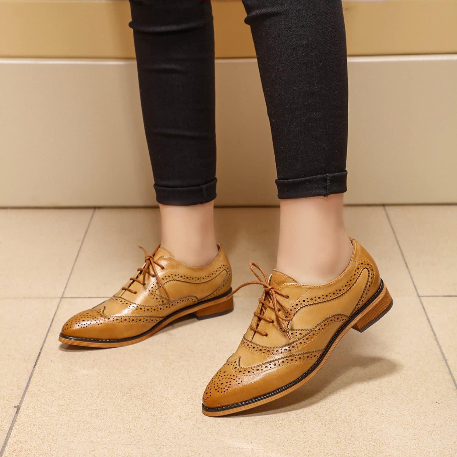 imageMona flying Womens Perforated Oxfords Wingtip Brogue Lace up Leather Flat Office Work Shoes for LadiesBrown