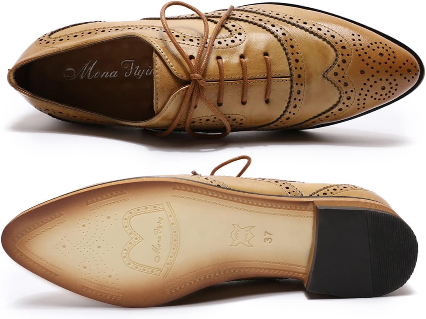 imageMona flying Womens Perforated Oxfords Wingtip Brogue Lace up Leather Flat Office Work Shoes for LadiesBrown