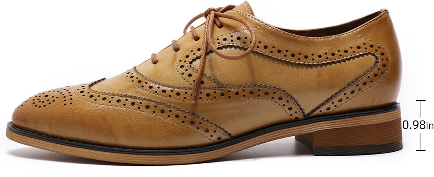 imageMona flying Womens Perforated Oxfords Wingtip Brogue Lace up Leather Flat Office Work Shoes for LadiesBrown