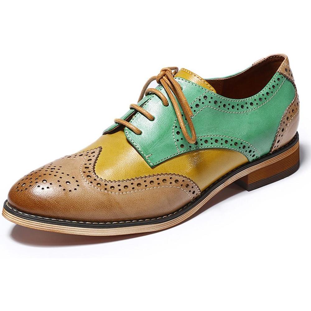 imageMona flying Womens Comfortable Multicolored Wingtip Oxfords Brogue Laceup Leather Shoes for Womens LadiesBrownyellowgreen