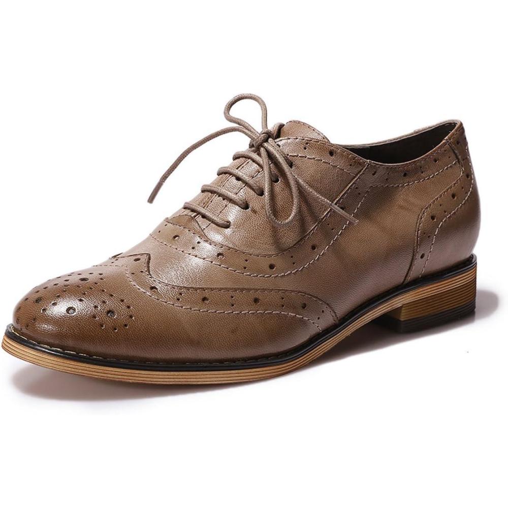 imageMona flying Womens Leather Flat Oxfords Shoes for Women Perforated Laceup Wingtip Vintage Brogues ShoesCoffee