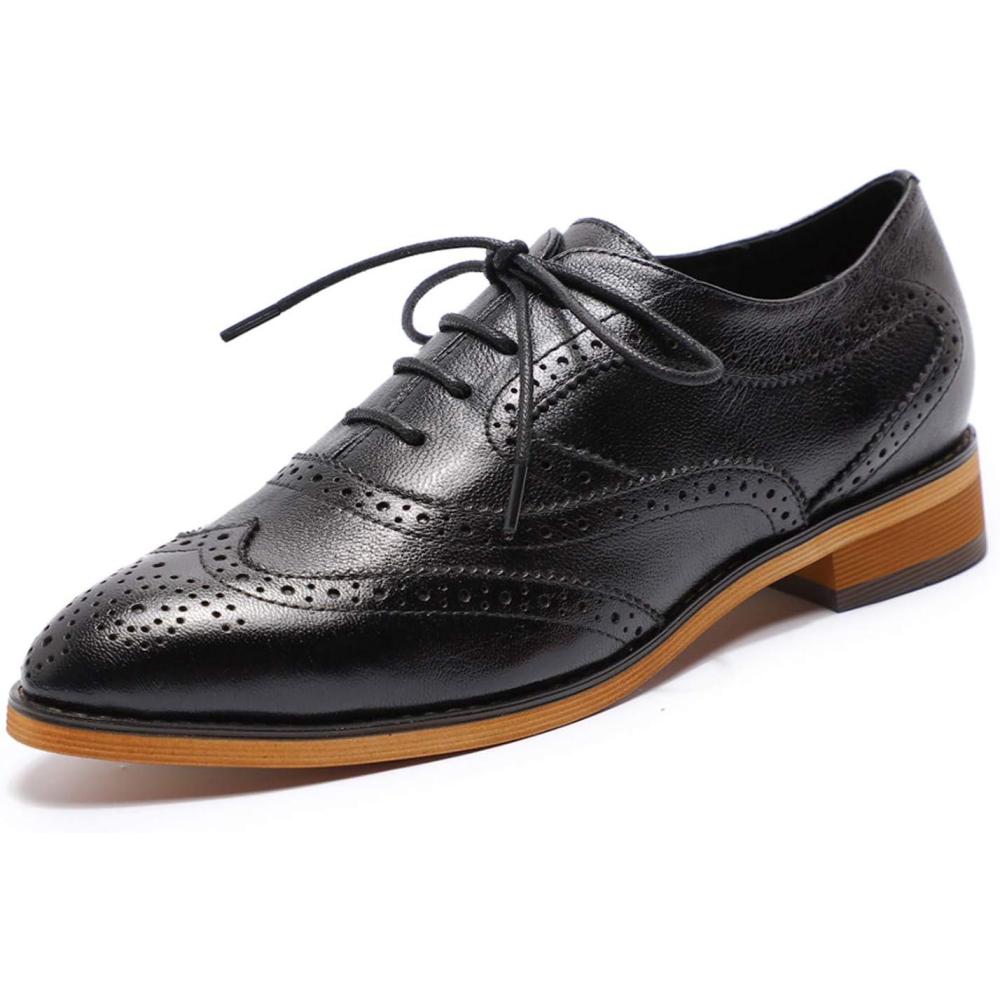 imageMona flying Womens Perforated Oxfords Wingtip Brogue Lace up Leather Flat Office Work Shoes for LadiesBlack