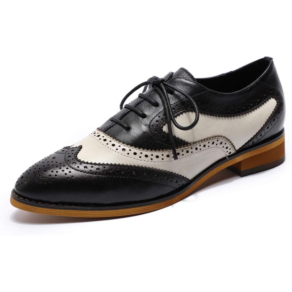 imageMona flying Womens Perforated Oxfords Wingtip Brogue Lace up Leather Flat Office Work Shoes for LadiesBlack Offwhite