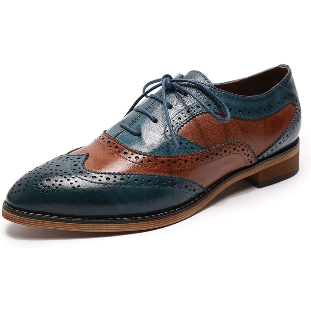 imageMona flying Womens Perforated Oxfords Wingtip Brogue Lace up Leather Flat Office Work Shoes for LadiesBlue Brown