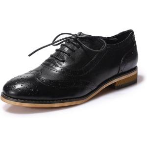 imageMona flying Womens Leather Flat Oxfords Shoes for Women Perforated Laceup Wingtip Vintage Brogues ShoesBlack1