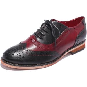 imageMona flying Womens Leather Flat Oxfords Shoes for Women Perforated Laceup Wingtip Vintage Brogues ShoesBlackred