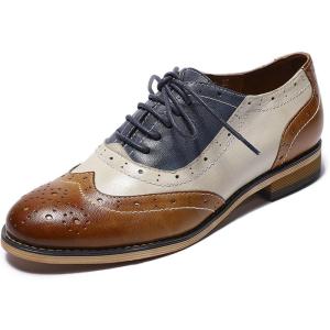 imageMona flying Womens Leather Flat Oxfords Shoes for Women Perforated Laceup Wingtip Vintage Brogues ShoesBrownwhiteblue