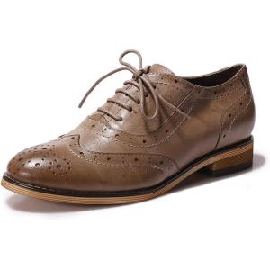 imageMona flying Womens Leather Flat Oxfords Shoes for Women Perforated Laceup Wingtip Vintage Brogues ShoesCoffee