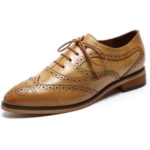 imageMona flying Womens Perforated Oxfords Wingtip Brogue Lace up Leather Flat Office Work Shoes for LadiesBrown