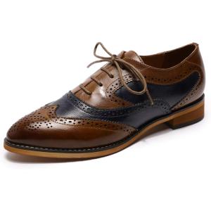 imageMona flying Womens Perforated Oxfords Wingtip Brogue Lace up Leather Flat Office Work Shoes for LadiesCoffee Blue