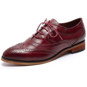 imageMona flying Womens Perforated Oxfords Wingtip Brogue Lace up Leather Flat Office Work Shoes for LadiesWine Red