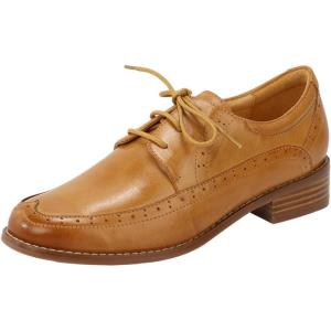 imageMona flying Womens Classic Leather Derby Oxfords Round Toe Lace up Flat Office Work Shoes for LadiesBrown
