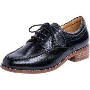 imageMona flying Womens Classic Leather Derby Oxfords Round Toe Lace up Flat Office Work Shoes for LadiesDark Black