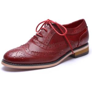 imageMona flying Womens Handcrafted Comfy Wingtip Oxfords Brogue Ladies Lace up Leather ShoesRed