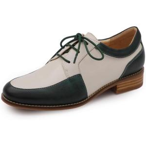 imageMona flying Womens Handmade Dress Oxfords Derby Comfortable Lace up Leather Flat Office Work Shoes for LadiesDark Greenoffwhite