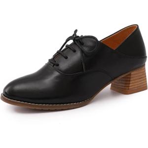 imageMona flying Womens Leather Mid Chunky Heel Oxfords Lace up Dress Pumps Shoes for LadiesBlack
