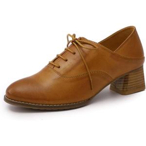 imageMona flying Womens Leather Mid Chunky Heel Oxfords Lace up Dress Pumps Shoes for LadiesBrown