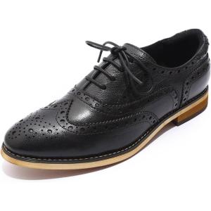 imageMona flying Womens Leather Perforated Laceup Oxfords Brogue Wingtip Shoes for Ladies WomenBlack