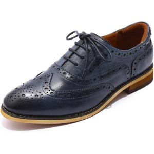 imageMona flying Womens Leather Perforated Laceup Oxfords Brogue Wingtip Shoes for Ladies WomenBlue