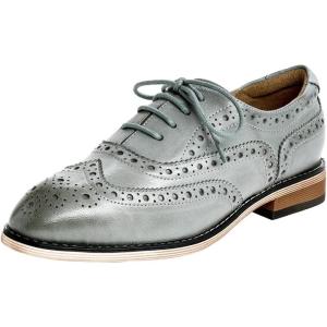 imageMona flying Womens Leather Perforated Laceup Oxfords Brogue Wingtip Shoes for Ladies WomenLight Gray Green
