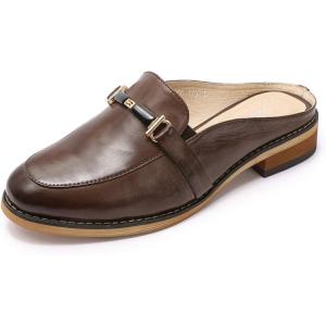 imageMona flying Women Leather Mules Shoes Backless Slip On Loafer Low Heel Flats Summer SlideCoffee