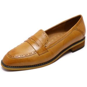 imageMona flying Womens Leather Penny Loafers Slip On Flats Office Ladies Casual ShoesBrown